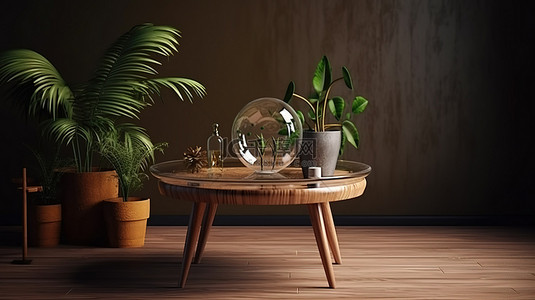 时尚的圆桌装饰着玻璃花瓶郁郁葱葱的绿色植物和一杯咖啡3D渲染