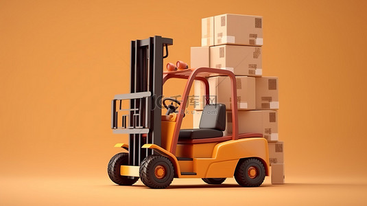 一辆 3D 渲染的卡通叉车运载一堆棕色纸箱的插图
