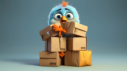 搞笑的 3D 小鸟抓着盒子