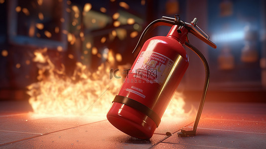 消防安全火焰背景图片_火灾背景下灭火器的 3D 渲染