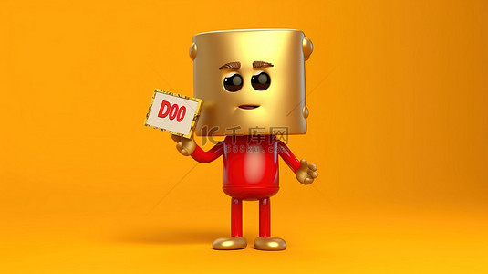 3D 渲染的人物吉祥物，黄色背景上带有红色禁止标志，获奖金奖杯