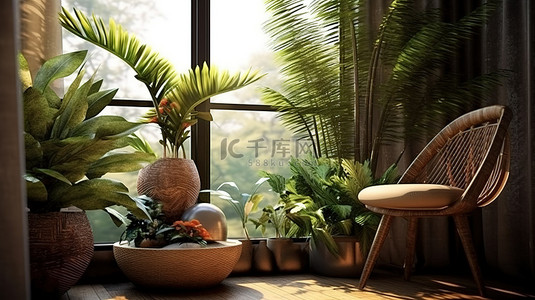 植物的艺术插图背景图片_窗边一个宁静的用餐和阅读角落，装饰着盆栽植物 3D 插图