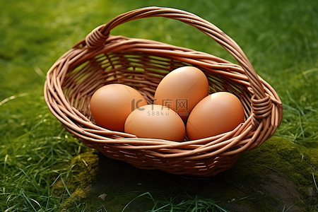 一个木制的鸡蛋篮，上面放着三个棕色鸡蛋