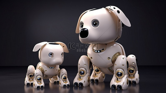 3D 渲染图像中可爱的 AI 机器人和犬类伴侣