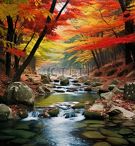 季秋背景图片_秋溪在自然森林里，有美丽的黄叶