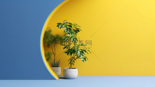 设计简单，黄色拱窗和郁郁葱葱的植物映衬着通过 3D 渲染创建的蓝色墙壁背景