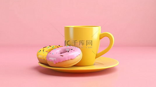 3d 创建的柔和黄色背景上充满活力的咖啡杯和彩色甜甜圈
