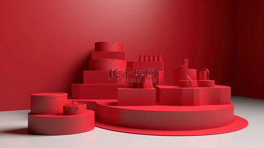产品指导价背景图片_产品展示概念 3d 呈现充满活力的红色讲台与购物主题