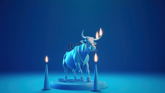 具有全局触感的蓝色背景上的牛市和烛台图的 3D 渲染