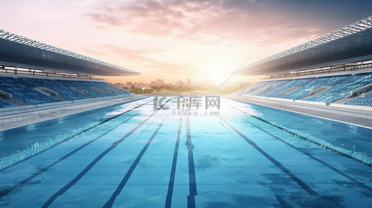 水面夜背景图片_以体育场为背景的游泳池的惊人 3D 渲染