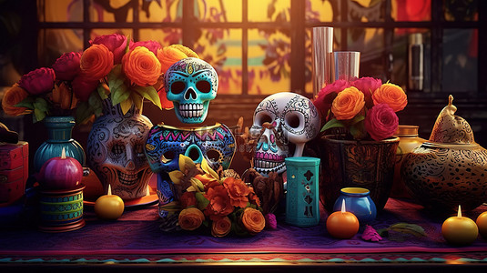 墨西哥充满活力的亡灵节庆祝活动令人惊叹的 3D 渲染数字显示屏