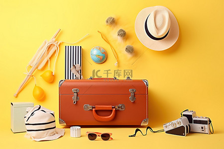 日记旅行背景图片_黄色背景的手提箱，配有手提箱太阳镜水手帽和其他物品