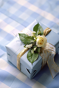 格子布块背景图片_带有蓝色丝带和格子布上鲜花的礼物