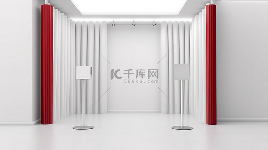 大绳背景图片_贸易展览摊位的 3D 渲染被屏障绳包围，并在白色背景上设有白色门