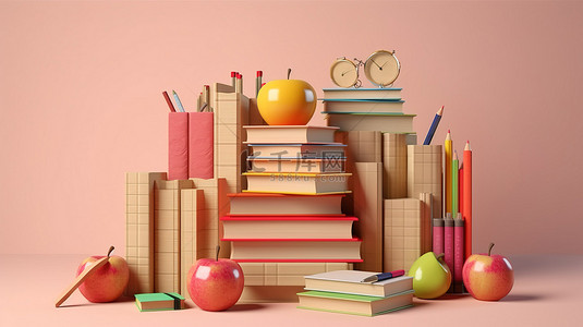 教育必需品学校用品和书籍堆放返回学校背景 3D 渲染插图