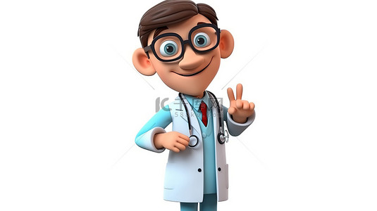 3d 卡通医生角色穿着制服和听诊器举手
