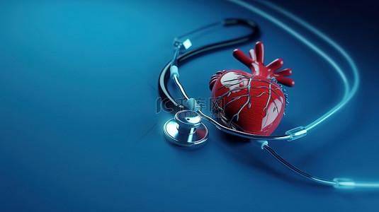 有氧护理 蓝色背景下心脏和听诊器的 3D 渲染