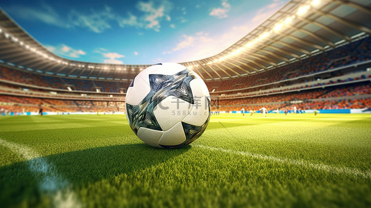 足球草地背景图片_世界杯体育场的 3D 渲染，场上有足球