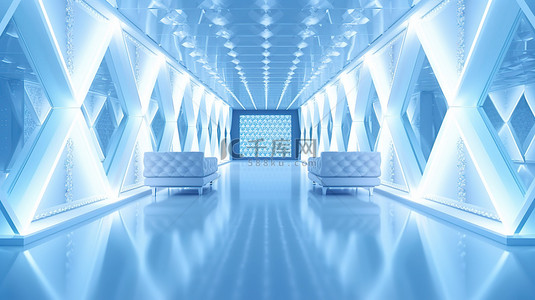 钻石蓝色背景图片_明亮的白色蓝色房间，配有钻石装饰和霓虹灯 3D 设计