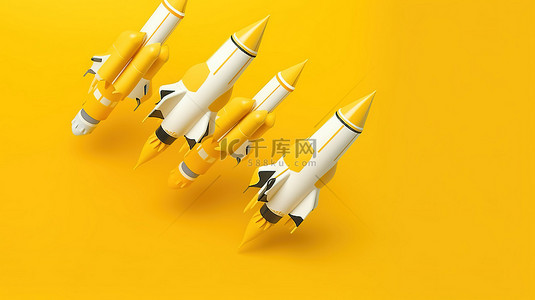 3D 渲染火箭模型集合，翱翔在充满活力的黄色天空中