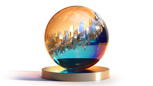 白色背景下具有色散和折射的孤立水晶玻璃球的 3D 渲染插图