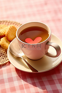 一杯茶和咖啡，配心形薯片
