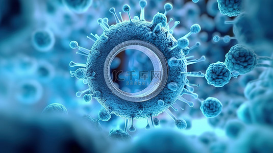 生物蓝色背景背景图片_蓝色背景上的显微镜物镜和 3D 渲染的蓝色病毒或细菌细胞