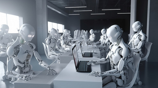 工作环境卡通背景图片_在数字自动化办公环境中人类员工和机器人助理之间的协作