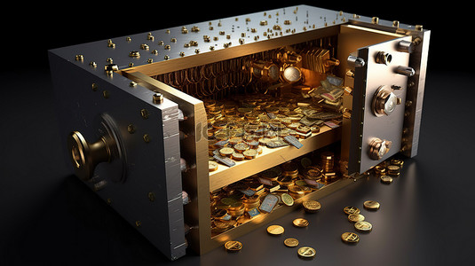 解锁宝箱财富宝石和金条在 3D 插图中显示