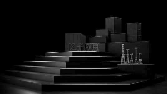 用于黑色科学演示的 3d 渲染舞台讲台