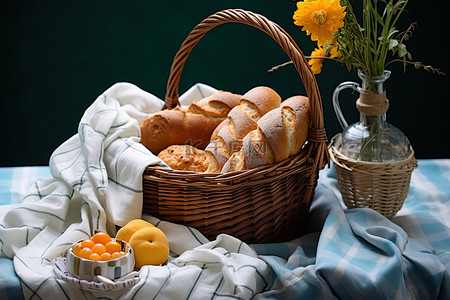 食物桌子背景图片_桌子上放着一篮子面包和饼干