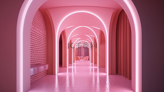 高压灯带背景图片_3d 渲染的走廊，带弧形节奏的粉红色 led 灯带