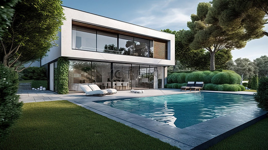 令人印象深刻的现代别墅，带游泳池和令人惊叹的 3D 郁郁葱葱的花园