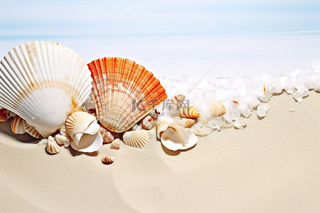 坐在沙滩上背景图片_海贝壳坐在白色的沙滩上