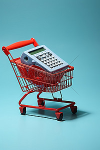红色购物车背景图片_购物车，篮子里有一个红色计算器