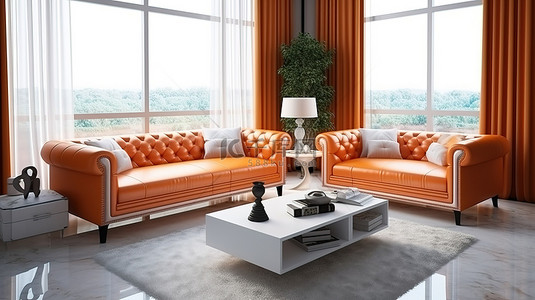 豪华客厅的 3D 渲染，配有橙色皮革沙发和白色咖啡桌