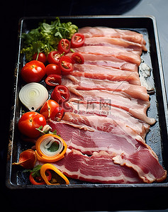 烤肉背景图片_黑色烹饪托盘上覆盖着蔬菜的烤肉