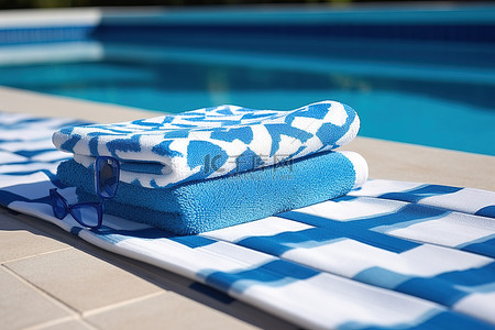 水杯白色背景图片_夏天游泳池里的蓝色和白色毛巾