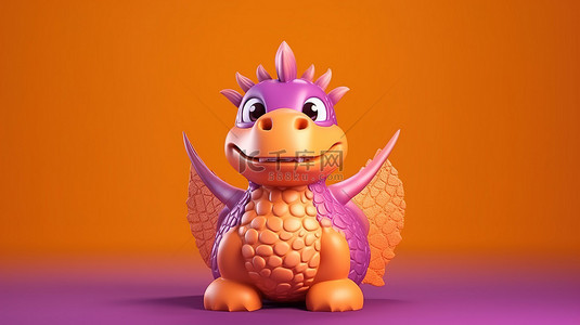 橙色龙玩具在俏皮的紫色环境中的 3D 渲染