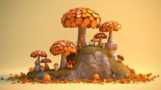 感恩节讲台的 3D 渲染，秋树蘑菇和南瓜