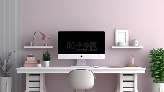 现代办公空间配有一台时尚的电脑空屏幕和 3D 木桌上时尚的装饰