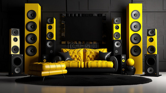 现代黑色内饰，配有动态黑色和黄色扬声器系统和时尚扶手椅 3D 渲染