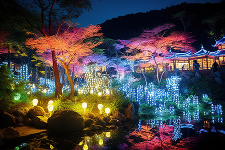 夜晚灯光闪烁的花园