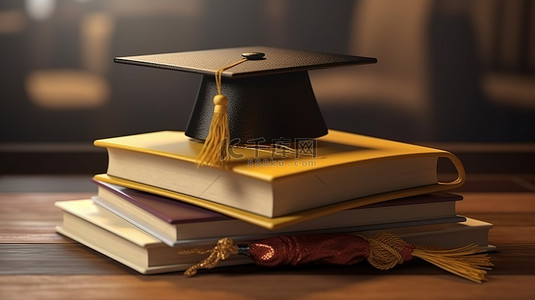 教育背景的 3D 渲染，包括学位帽和返回学校的书籍
