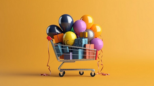 黑色星期五销售横幅的 3D 渲染，带有标签标签礼品盒购物袋和气球概念设计