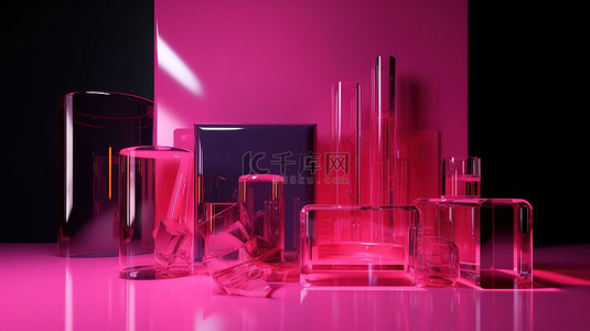 亚克力样机背景图片_工作室拍摄的充满活力的霓虹粉色透明亚克力板重叠背景，用于时尚化妆品和产品
