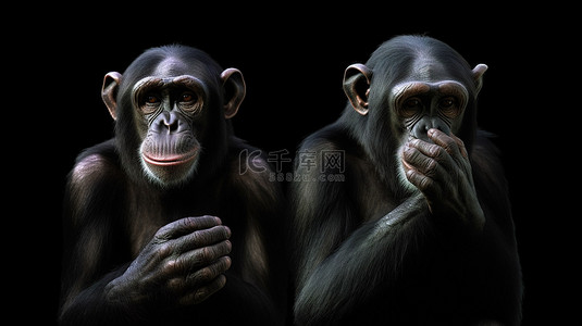 黑猩猩站立并闭上眼睛的黑色背景 3D 渲染
