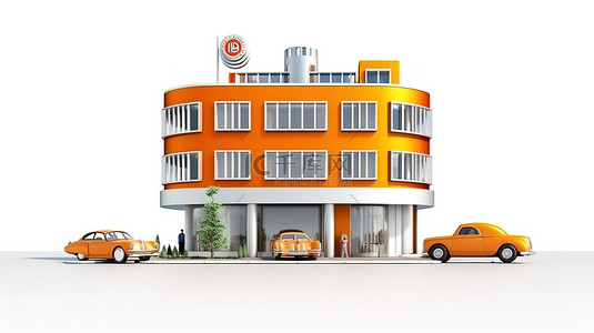橙色的汽车背景图片_当代酒店建筑采用充满活力的橙色色调，配有道路和有趣的汽车插图，在白色背景上以 3D 渲染