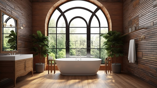 现代浴室采用木材和瓷砖设计，设有窗户和 3D 渲染的拱形砖墙
