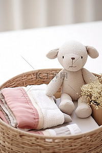 粉色娃娃背景图片_一只松软的泰迪熊，旁边坐着两个玩具和一块粉色圆点布